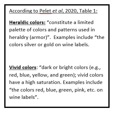 Text Box: According to Pelet et al, 2020, Table 1:
Heraldic colors: “constitute a limited palette of colors and patterns used in heraldry (armor)”.  Examples include “the colors silver or gold on wine labels.

Vivid colors: “dark or bright colors (e.g., red, blue, yellow, and green); vivid colors have a high saturation. Examples include “the colors red, blue, green, pink, etc. on wine labels”.
